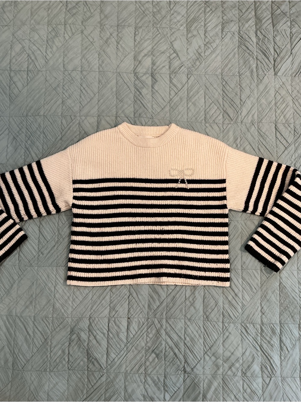 Zara Cream and Black Striped Crewneck Sweater